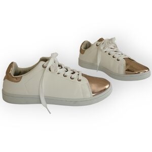 Qupid White Canvas & Rose Gold Metalic Cotton Fabric Lined Sneakers Size 7